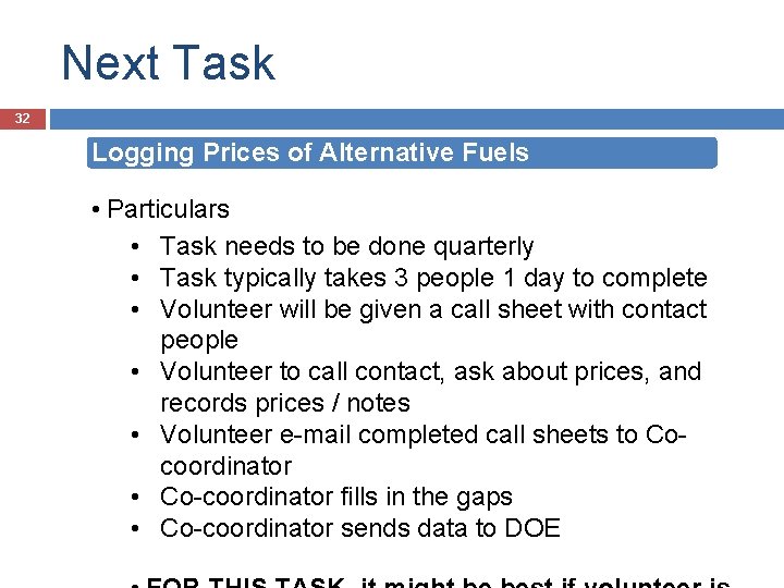 Next Task 32 Logging Prices of Alternative Fuels • Particulars • Task needs to