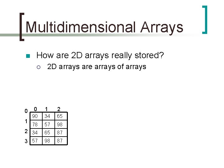 Multidimensional Arrays n How are 2 D arrays really stored? ¡ 2 D arrays