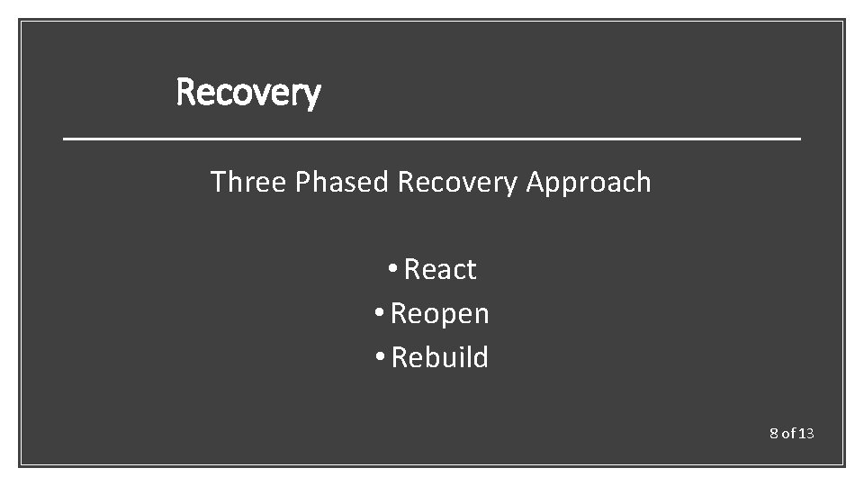 Recovery Three Phased Recovery Approach • React • Reopen • Rebuild 8 of 13