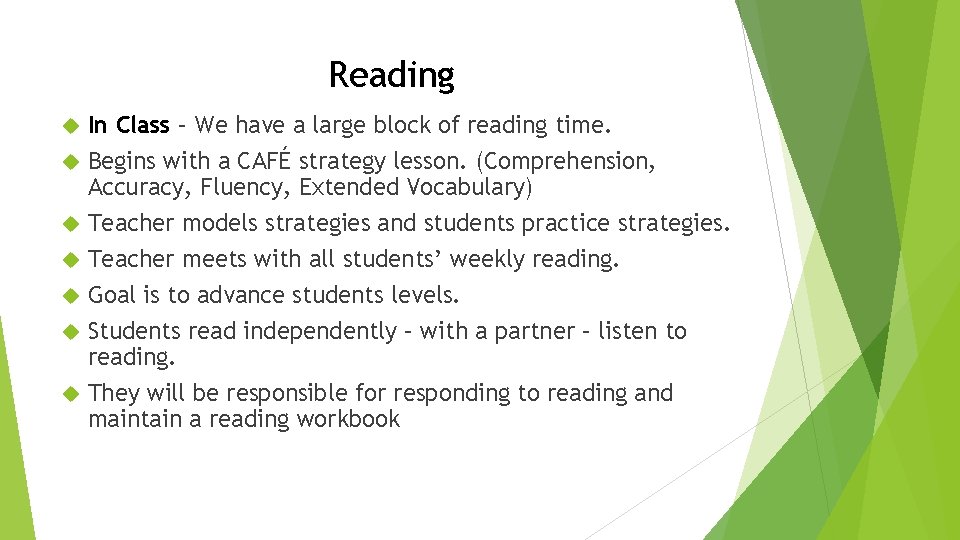 Reading In Class – We have a large block of reading time. Begins with