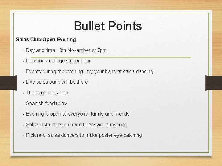 Bullet Points Salas Club Open Evening - Day and time - 8 th November