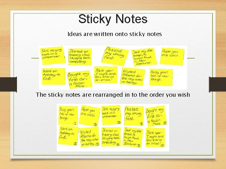 Sticky Notes Ideas are written onto sticky notes The sticky notes are rearranged in