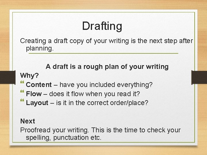 Drafting Creating a draft copy of your writing is the next step after planning.