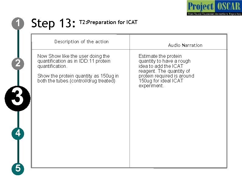 1 Step 13: T 2: Preparation for ICAT Description of the action 2 3