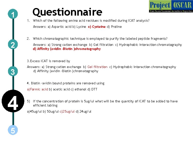 1 Questionnaire 1. Which of the following amino acid residues is modified during ICAT