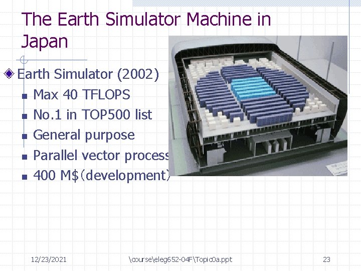 The Earth Simulator Machine in Japan Earth Simulator (2002) n Max 40 TFLOPS n