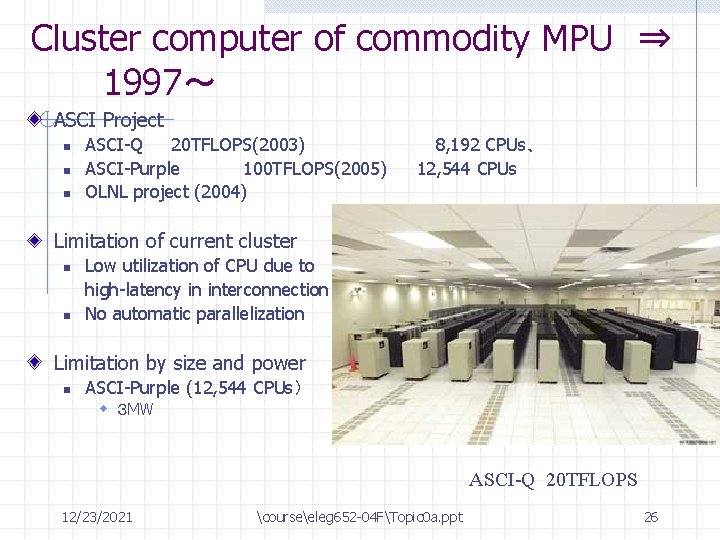 Cluster computer of commodity MPU ⇒ 1997～ ASCI Project n n n ASCI-Q 20