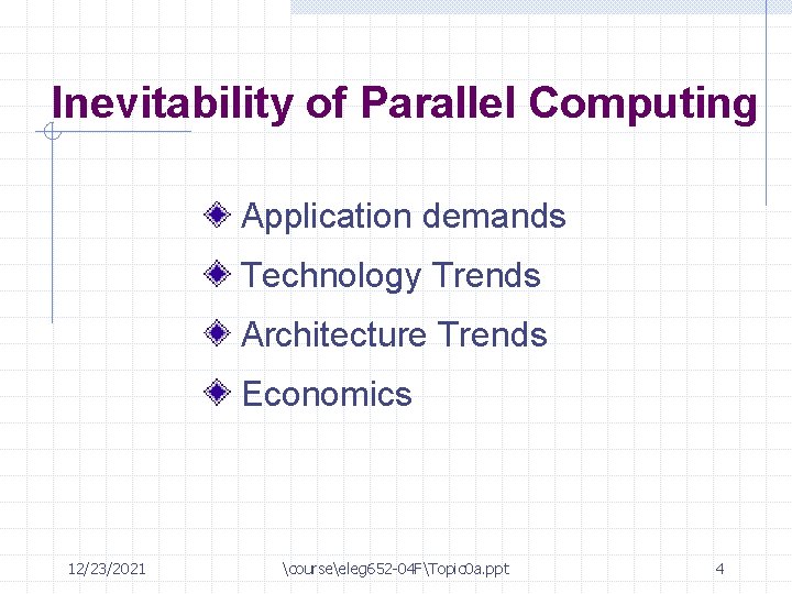 Inevitability of Parallel Computing Application demands Technology Trends Architecture Trends Economics 12/23/2021 courseeleg 652