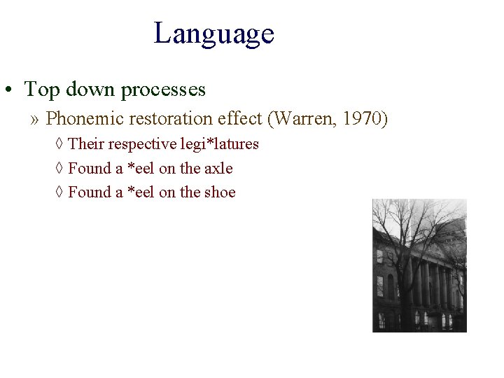 Language • Top down processes » Phonemic restoration effect (Warren, 1970) ◊ Their respective Language • Top down processes » Phonemic restoration effect (Warren, 1970) ◊ Their respective