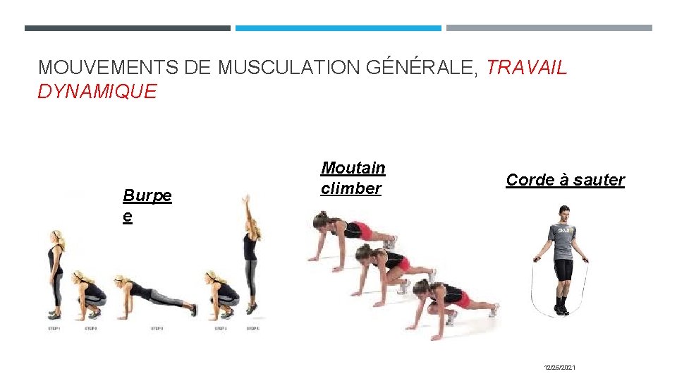 MOUVEMENTS DE MUSCULATION GÉNÉRALE, TRAVAIL DYNAMIQUE Burpe e Moutain climber Corde à sauter 12/25/2021