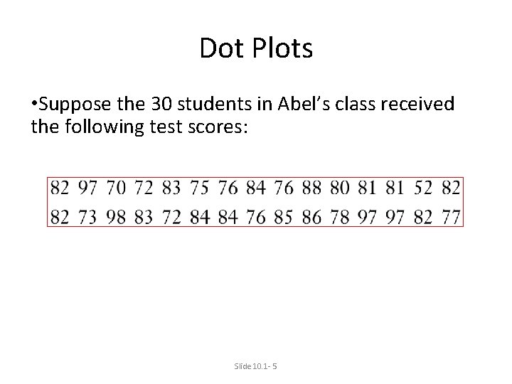 Dot Plots • Suppose the 30 students in Abel’s class received the following test Dot Plots • Suppose the 30 students in Abel’s class received the following test