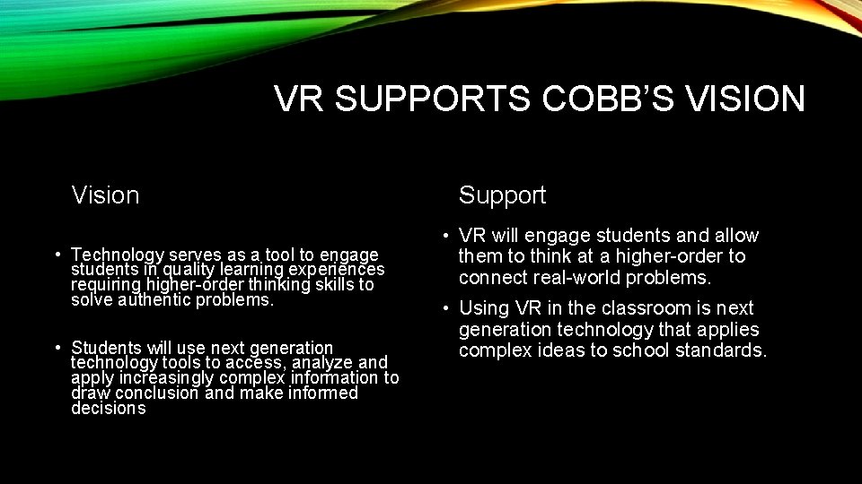 VR SUPPORTS COBB’S VISION Vision • Technology serves as a tool to engage students