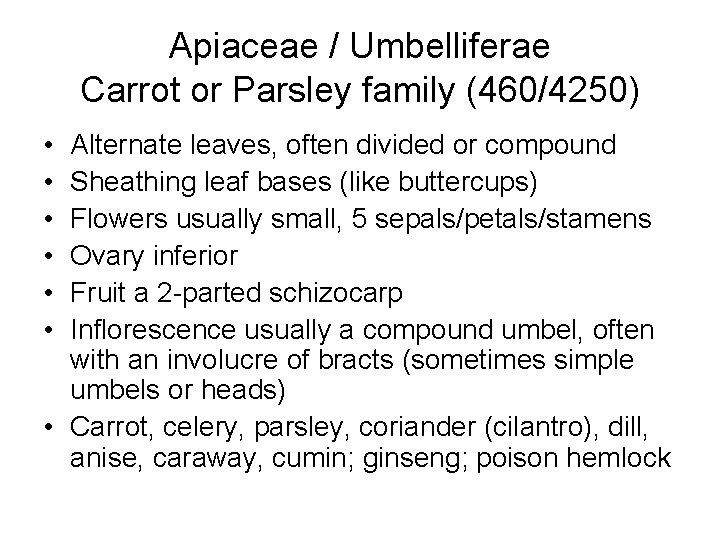 Apiaceae / Umbelliferae Carrot or Parsley family (460/4250) • • • Alternate leaves, often