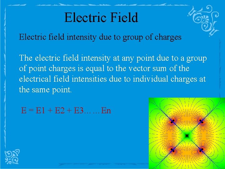 Electric Field Electric field intensity due to group of charges The electric field intensity