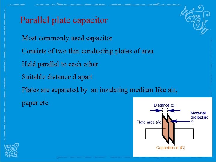 Parallel plate capacitor Most commonly used capacitor Consists of two thin conducting plates of