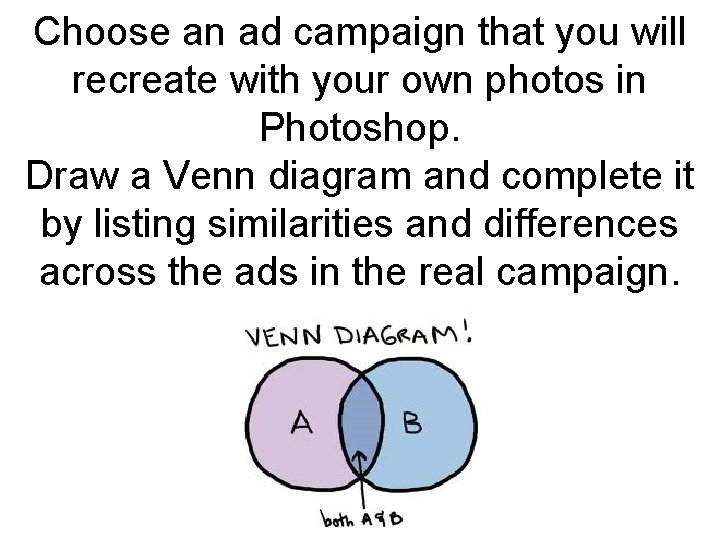Choose an ad campaign that you will recreate with your own photos in Photoshop.