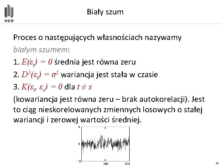 Biały szum Proces o następujących własnościach nazywamy białym szumem: 1. E(εt) = 0 średnia