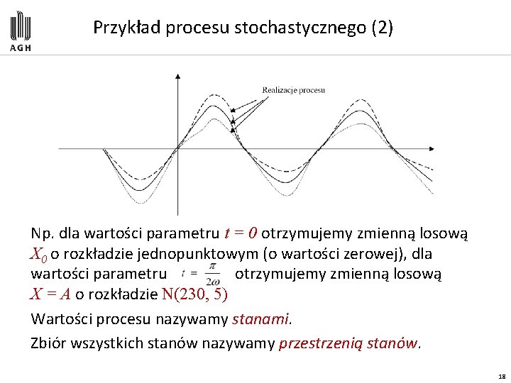 Przykład procesu stochastycznego (2) Np. dla wartości parametru t = 0 otrzymujemy zmienną losową