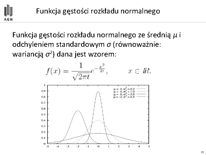 Funkcja gęstości rozkładu normalnego ze średnią μ i odchyleniem standardowym σ (równoważnie: wariancją σ2)