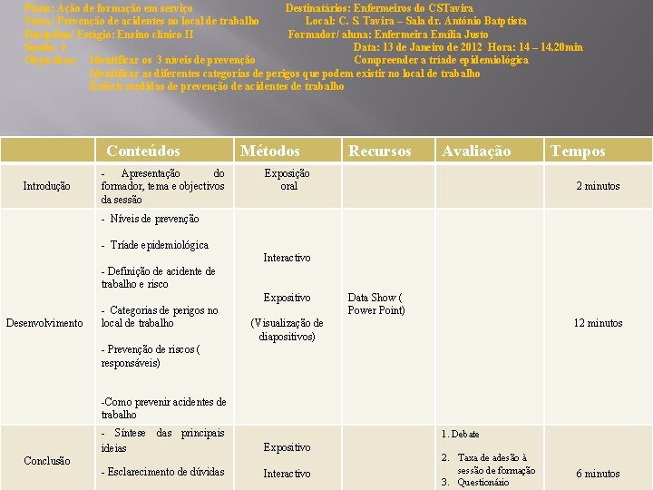 Plano: Ação de formação em serviço Destinatários: Enfermeiros do CSTavira Tema: Prevenção de acidentes