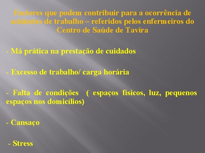 Factores que podem contribuir para a ocorrência de acidentes de trabalho – referidos pelos