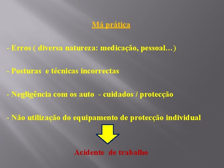 Má prática - Erros ( diversa natureza: medicação, pessoal…) - Posturas e técnicas incorrectas