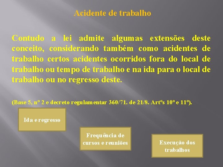 Acidente de trabalho Contudo a lei admite algumas extensões deste conceito, considerando também como