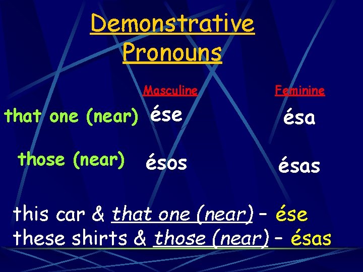 Demonstrative Pronouns Masculine that one (near) ése those (near) ésos Feminine ésas this car