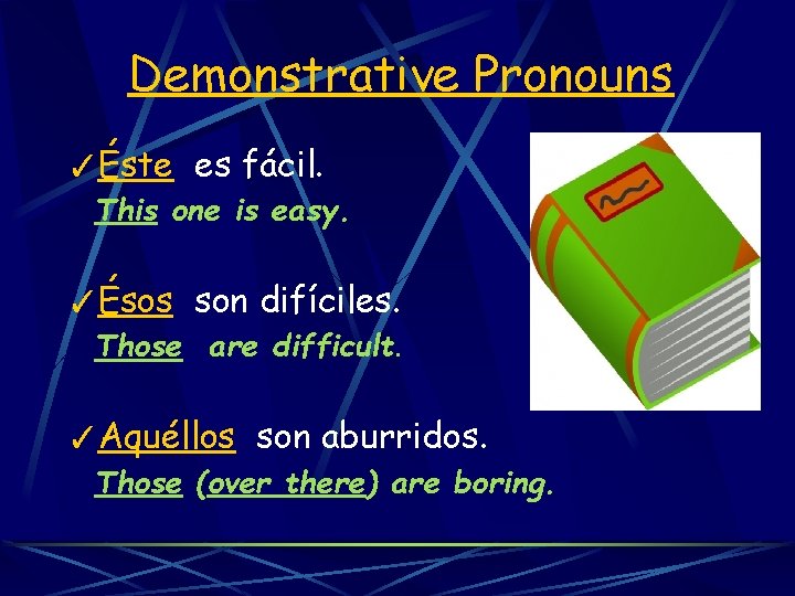 Demonstrative Pronouns ✓Éste es fácil. This one is easy. ✓Ésos son difíciles. Those are