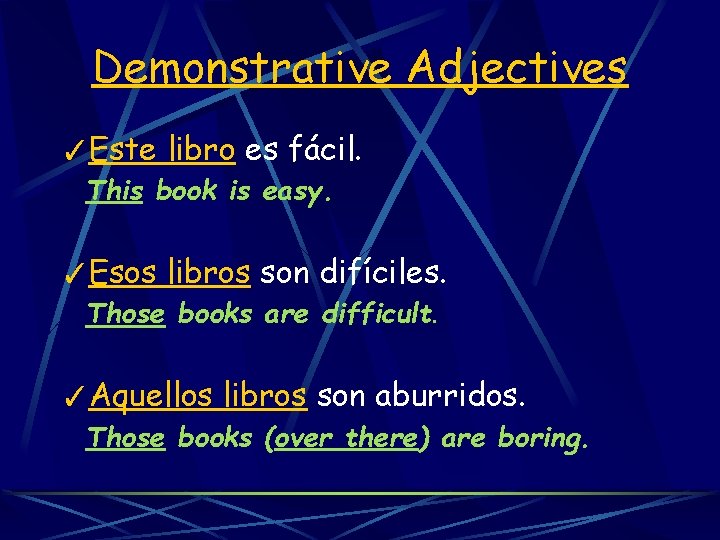 Demonstrative Adjectives ✓Este libro es fácil. This book is easy. ✓Esos libros son difíciles.