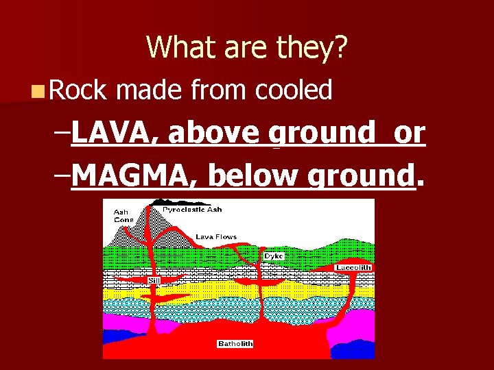 What are they? n Rock made from cooled –LAVA, above ground or –MAGMA, below What are they? n Rock made from cooled –LAVA, above ground or –MAGMA, below