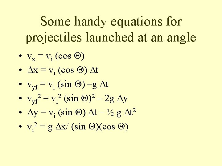 Some handy equations for projectiles launched at an angle • • • vx =