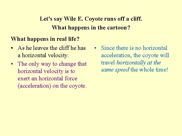 Let's say Wile E. Coyote runs off a cliff. What happens in the cartoon?