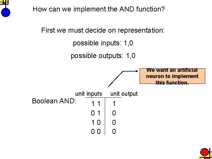 How can we implement the AND function? First we must decide on representation: possible