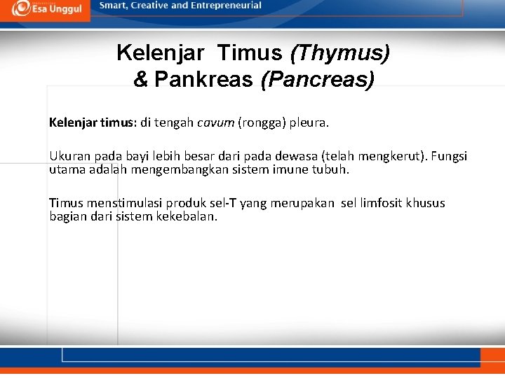 Kelenjar Timus (Thymus) & Pankreas (Pancreas) Kelenjar timus: di tengah cavum (rongga) pleura. Ukuran