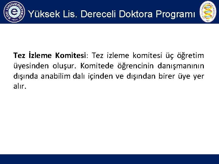 Yüksek Lis. Dereceli Doktora Programı Tez İzleme Komitesi: Tez izleme komitesi üç öğretim üyesinden