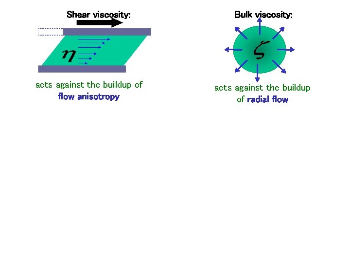 Shear viscosity: acts against the buildup of flow anisotropy Bulk viscosity: acts against the