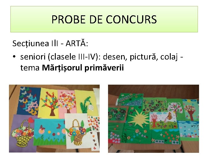 PROBE DE CONCURS Secțiunea III - ARTĂ: • seniori (clasele III-IV): desen, pictură, colaj