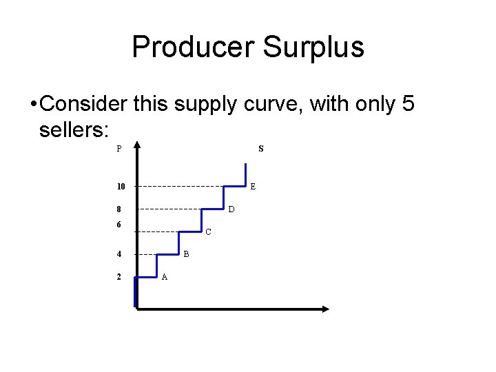 Producer Surplus • Consider this supply curve, with only 5 sellers: P S 10