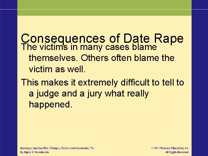 Consequences of Date Rape The victims in many cases blame themselves. Others often blame
