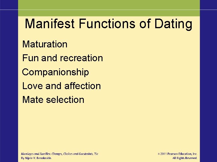 Manifest Functions of Dating Maturation Fun and recreation Companionship Love and affection Mate selection