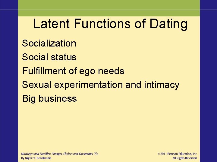 Latent Functions of Dating Socialization Social status Fulfillment of ego needs Sexual experimentation and