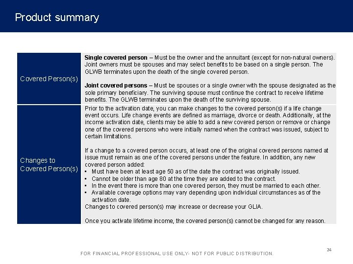 Product summary Covered Person(s) Changes to Covered Person(s) Single covered person – Must be