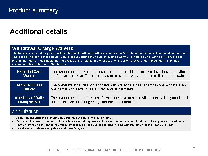 Product summary Additional details Withdrawal Charge Waivers The following riders allow you to make
