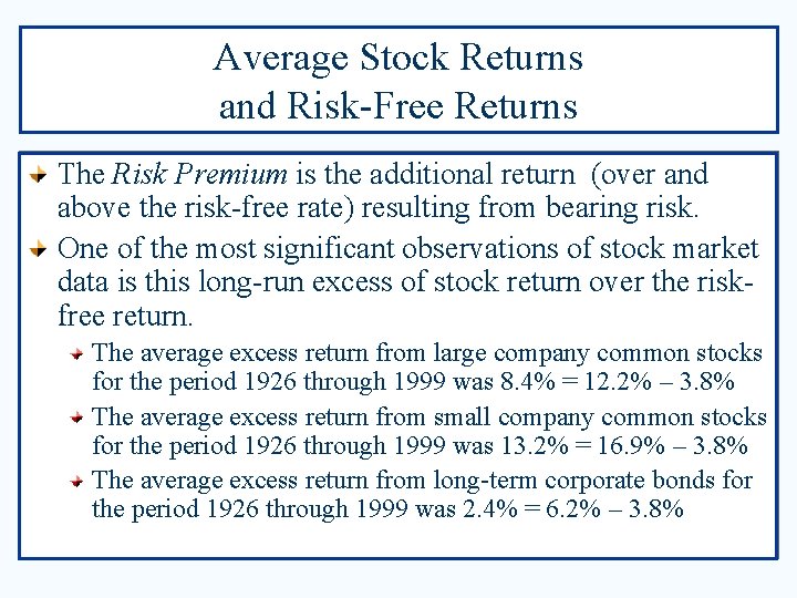 Average Stock Returns and Risk-Free Returns The Risk Premium is the additional return (over