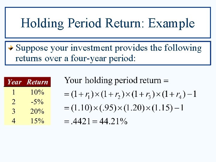 Holding Period Return: Example Suppose your investment provides the following returns over a four-year