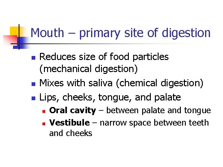 Mouth – primary site of digestion n Reduces size of food particles (mechanical digestion) Mouth – primary site of digestion n Reduces size of food particles (mechanical digestion)