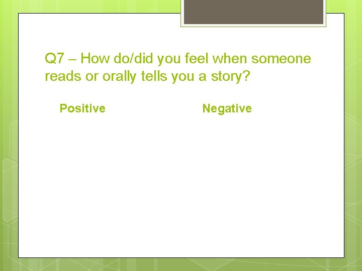 Q 7 – How do/did you feel when someone reads or orally tells you