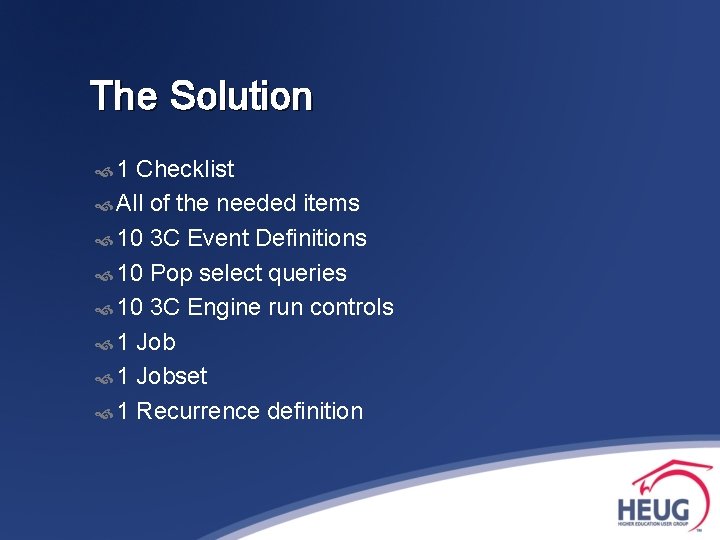 The Solution 1 Checklist All of the needed items 10 3 C Event Definitions