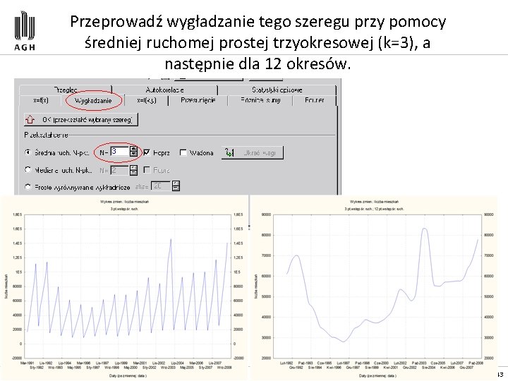 Przeprowadź wygładzanie tego szeregu przy pomocy średniej ruchomej prostej trzyokresowej (k=3), a następnie dla